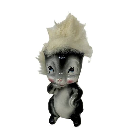 Kitsch Rare Vintage 1960s SKUNK Anthropomorphic Big Eyed W/Real Rabbit Fur Hair - Picture 1 of 14